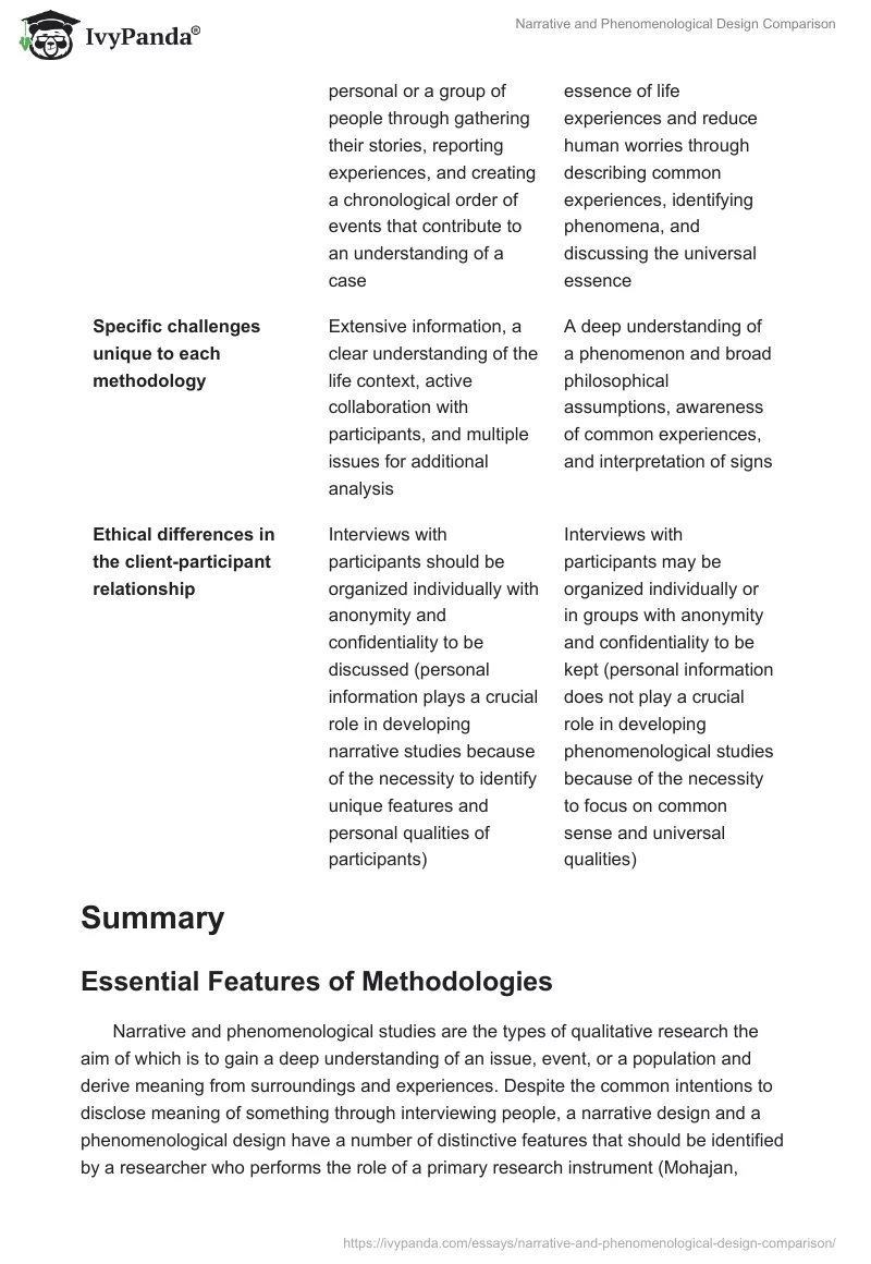 Narrative and Phenomenological Design Comparison. Page 2