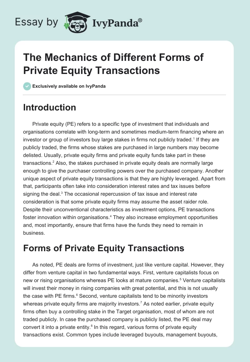 The Mechanics of Different Forms of Private Equity Transactions. Page 1