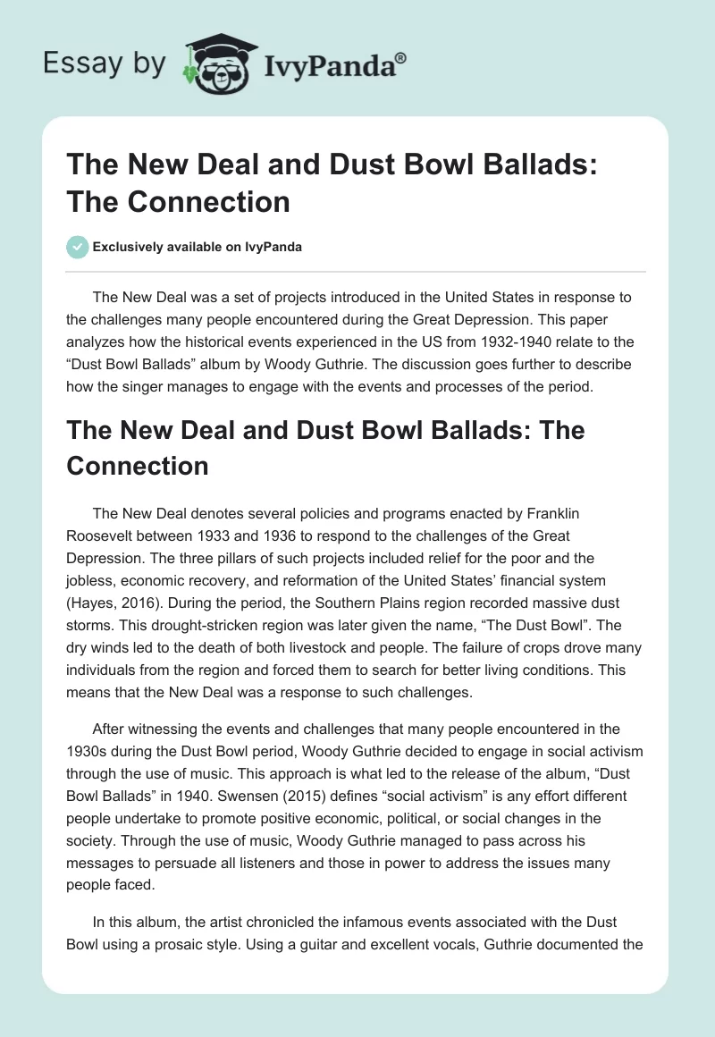 The New Deal and Dust Bowl Ballads: The Connection. Page 1