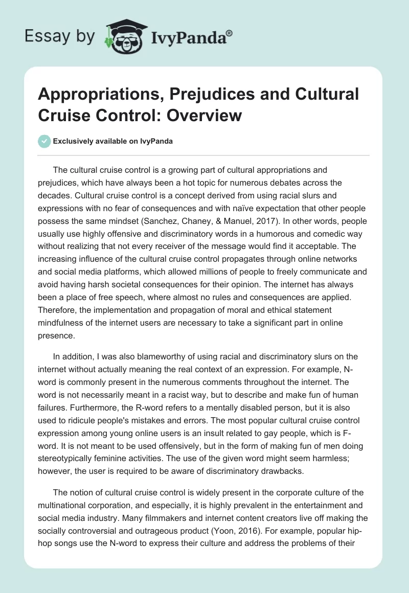 Appropriations, Prejudices and Cultural Cruise Control: Overview. Page 1