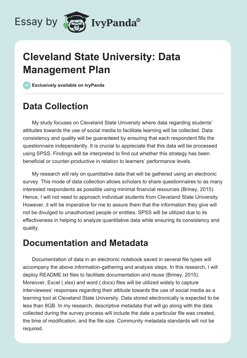 Cleveland State University: Data Management Plan. Page 1