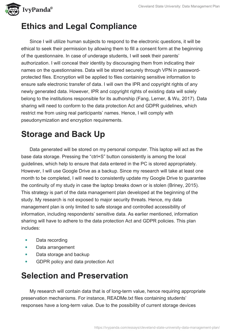 Cleveland State University: Data Management Plan. Page 2