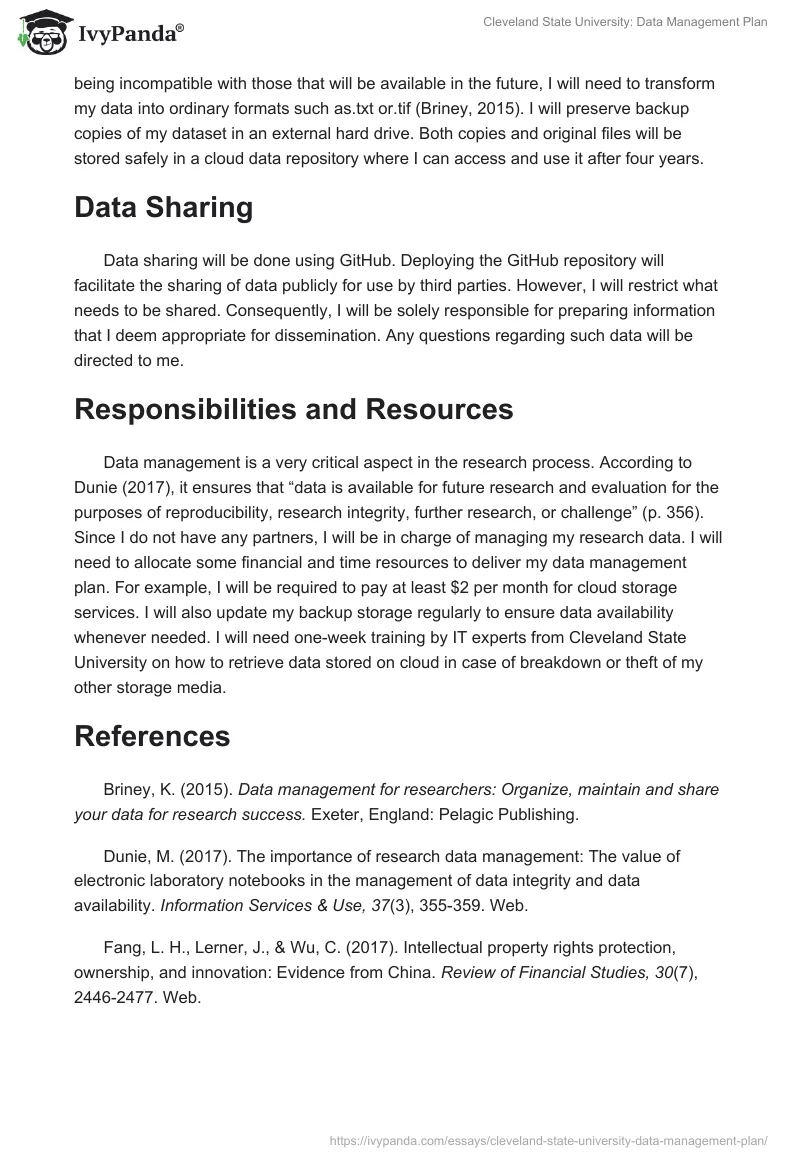 Cleveland State University: Data Management Plan. Page 3
