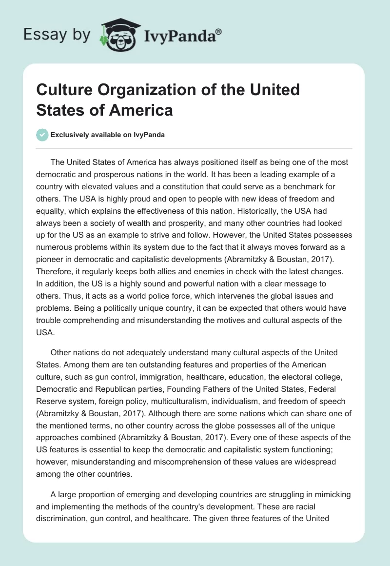 Culture Organization of the United States of America. Page 1