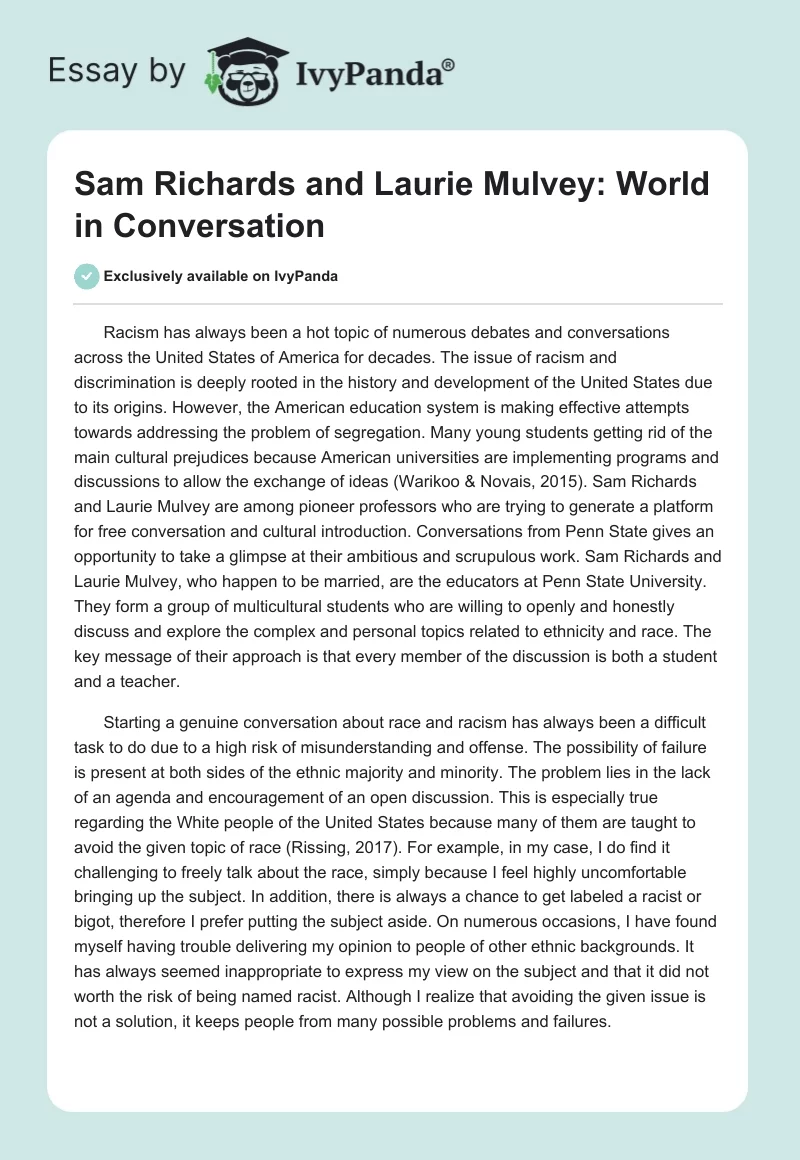 Sam Richards and Laurie Mulvey: World in Conversation. Page 1
