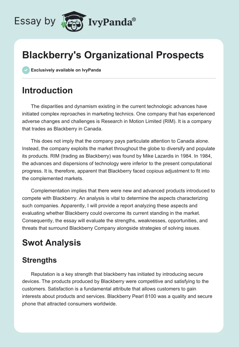 Blackberry's Organizational Prospects. Page 1