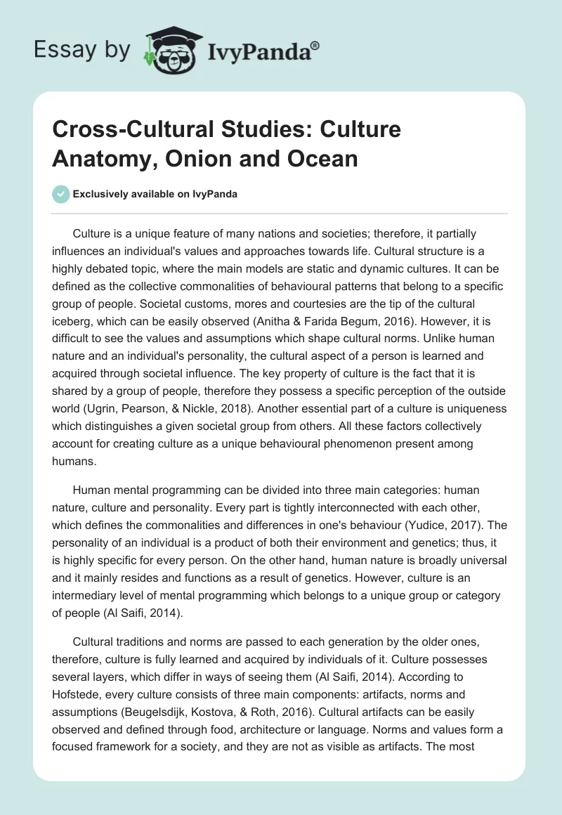 Cross-Cultural Studies: Culture Anatomy, Onion and Ocean. Page 1