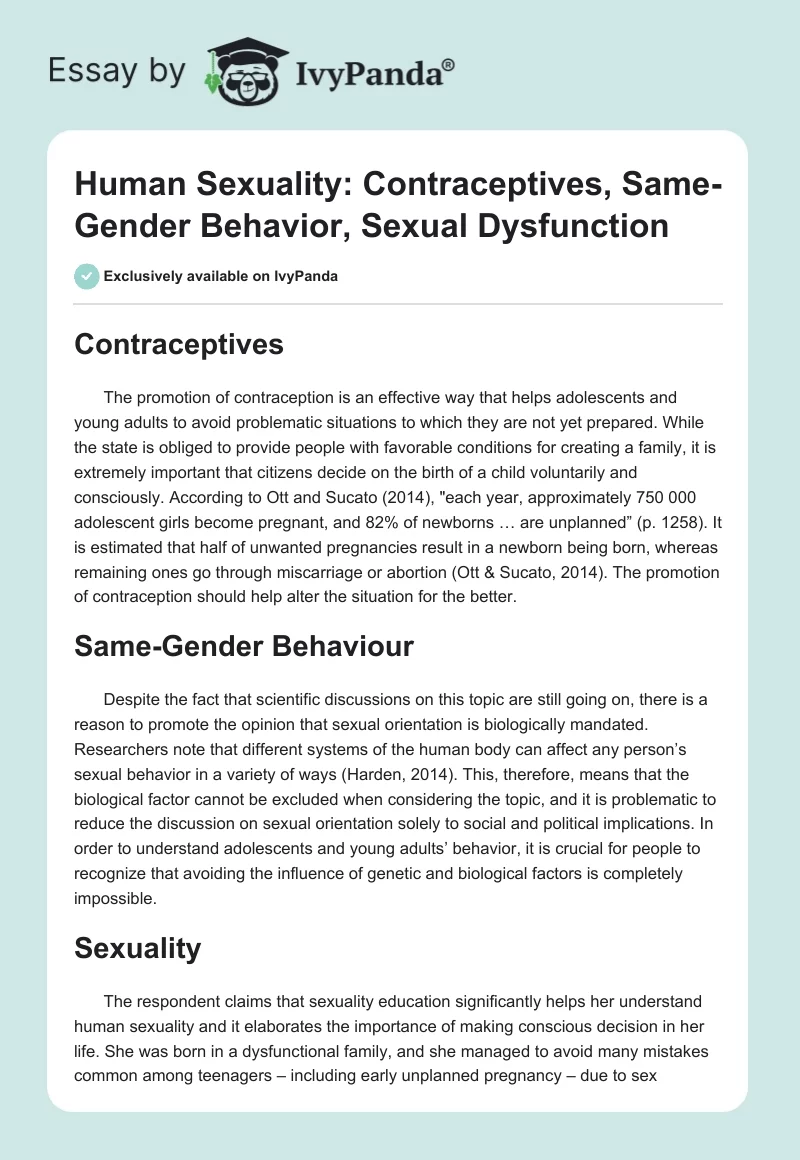Human Sexuality: Contraceptives, Same-Gender Behavior, Sexual Dysfunction. Page 1