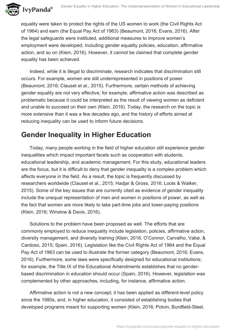 Gender Equality in Higher Education: The Underrepresentation of Women in Educational Leadership. Page 2