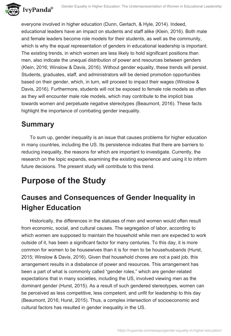 Gender Equality in Higher Education: The Underrepresentation of Women in Educational Leadership. Page 4