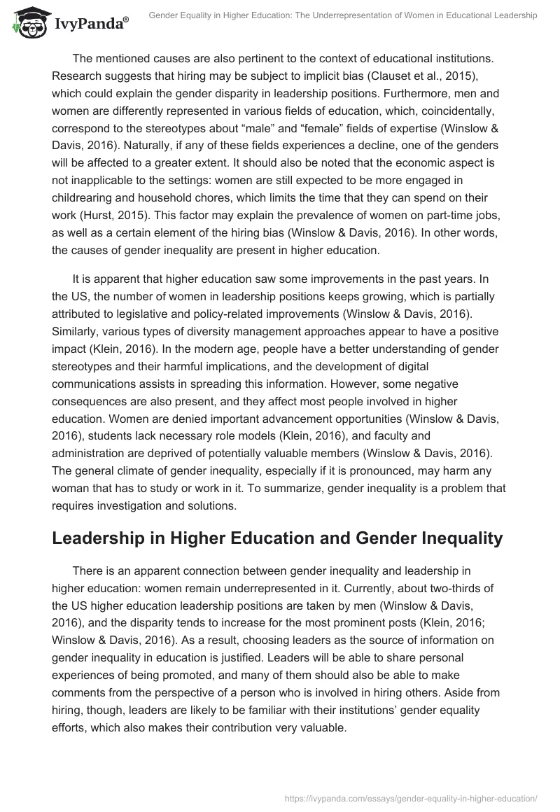 Gender Equality in Higher Education: The Underrepresentation of Women in Educational Leadership. Page 5
