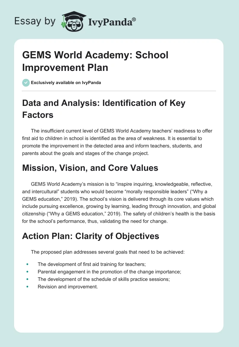 GEMS World Academy: School Improvement Plan. Page 1