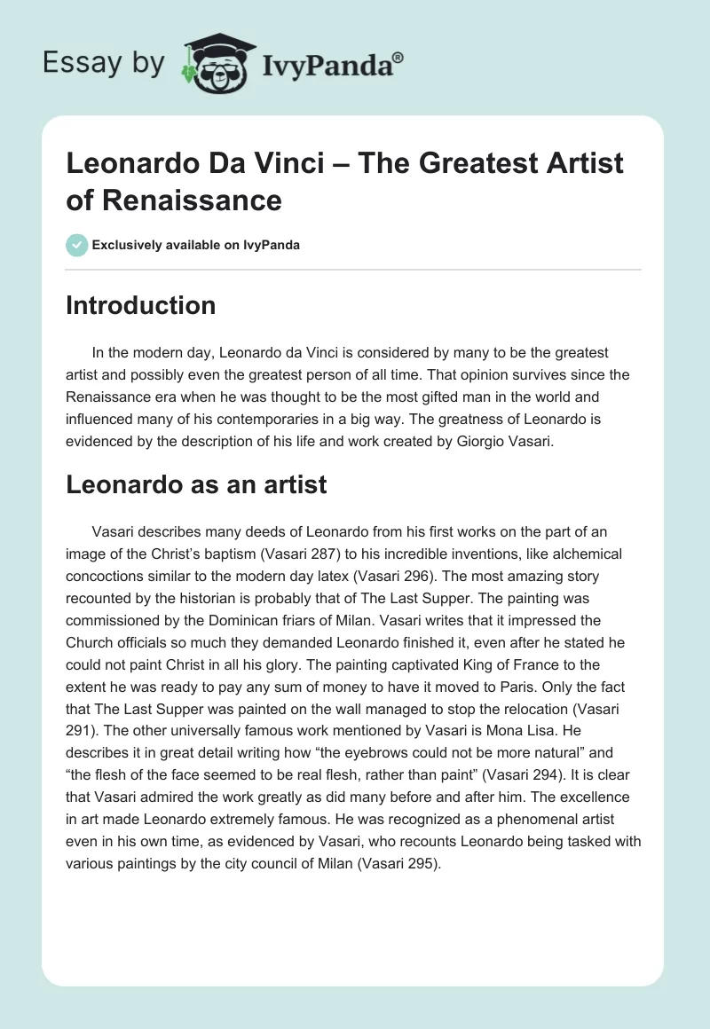 Leonardo Da Vinci – The Greatest Artist of Renaissance. Page 1