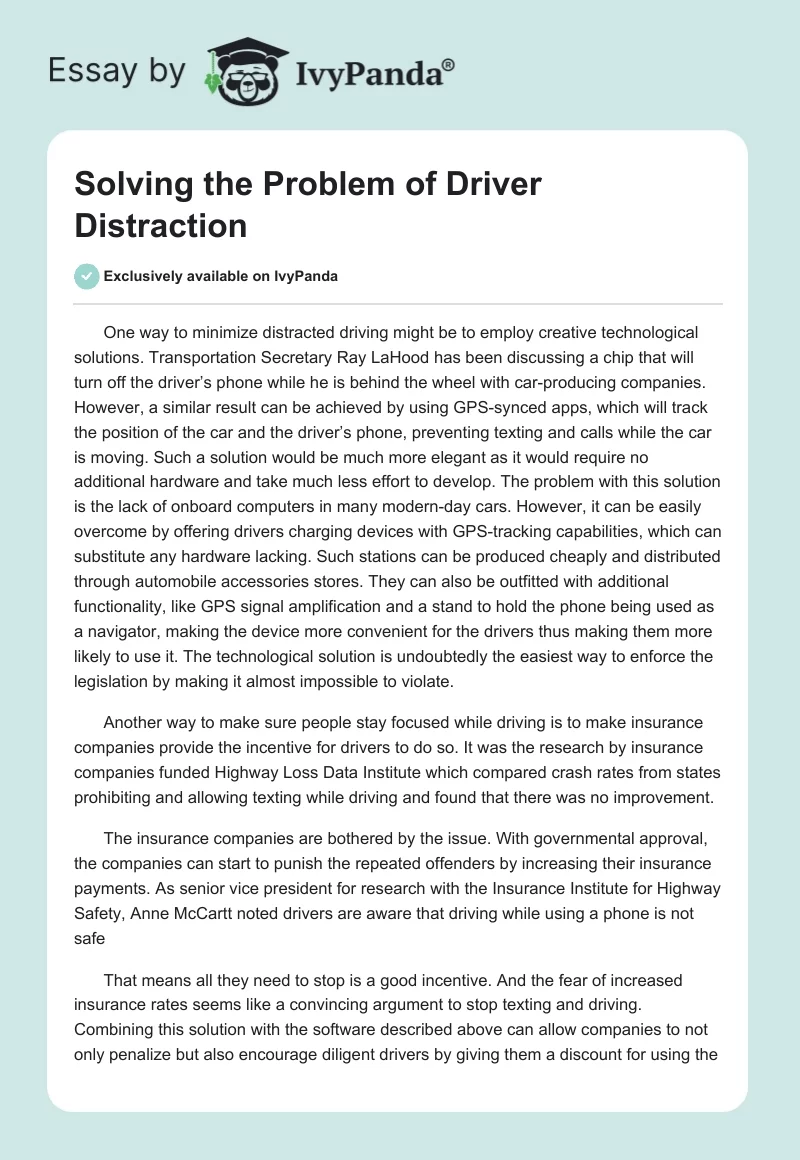 Solving the Problem of Driver Distraction. Page 1
