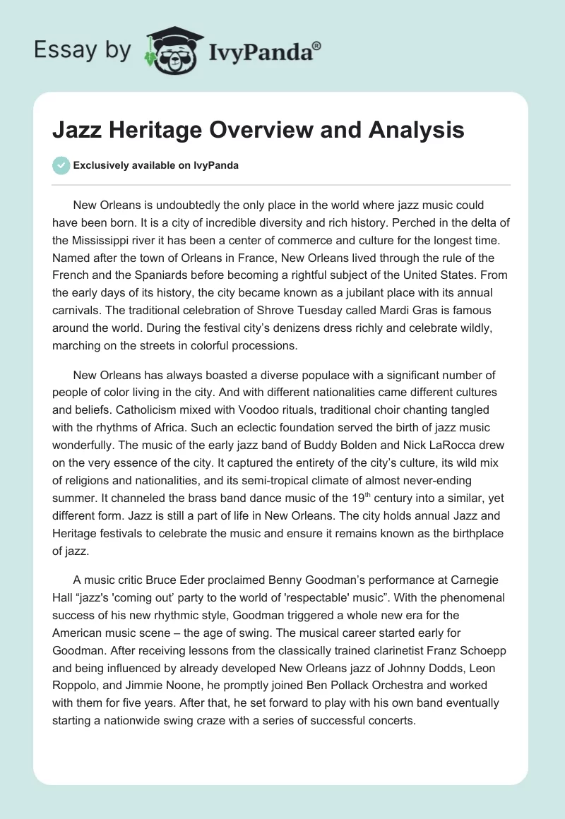 Jazz Heritage Overview and Analysis. Page 1