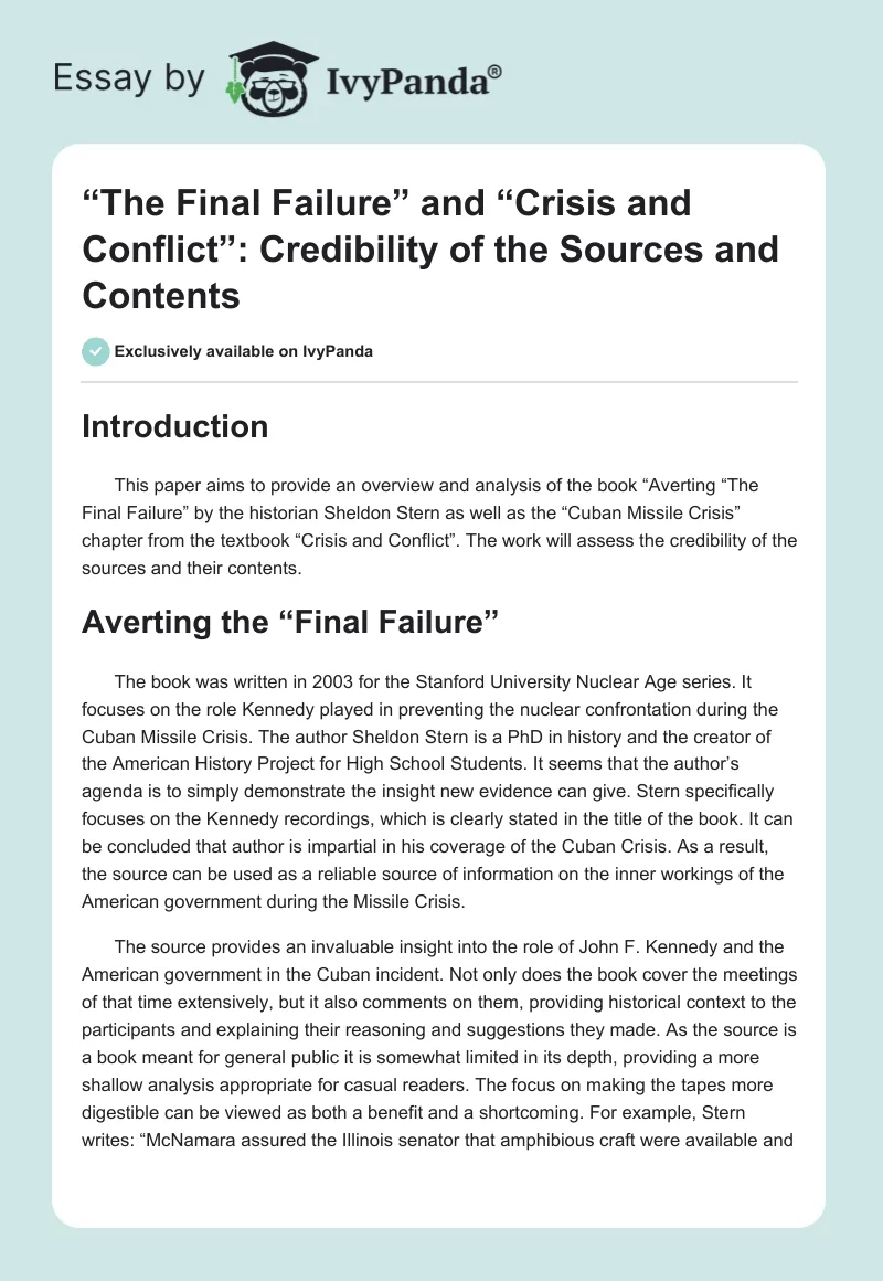 “The Final Failure” and “Crisis and Conflict”: Credibility of the Sources and Contents. Page 1