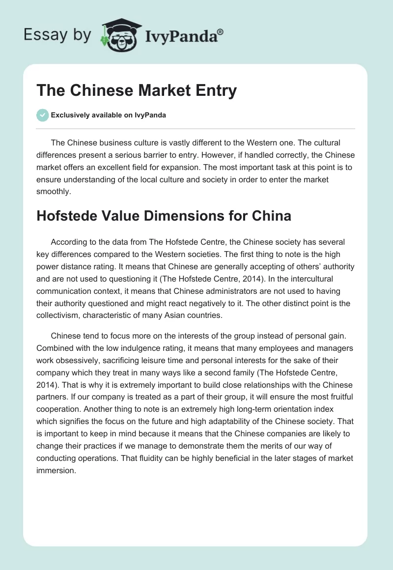 The Chinese Market Entry. Page 1