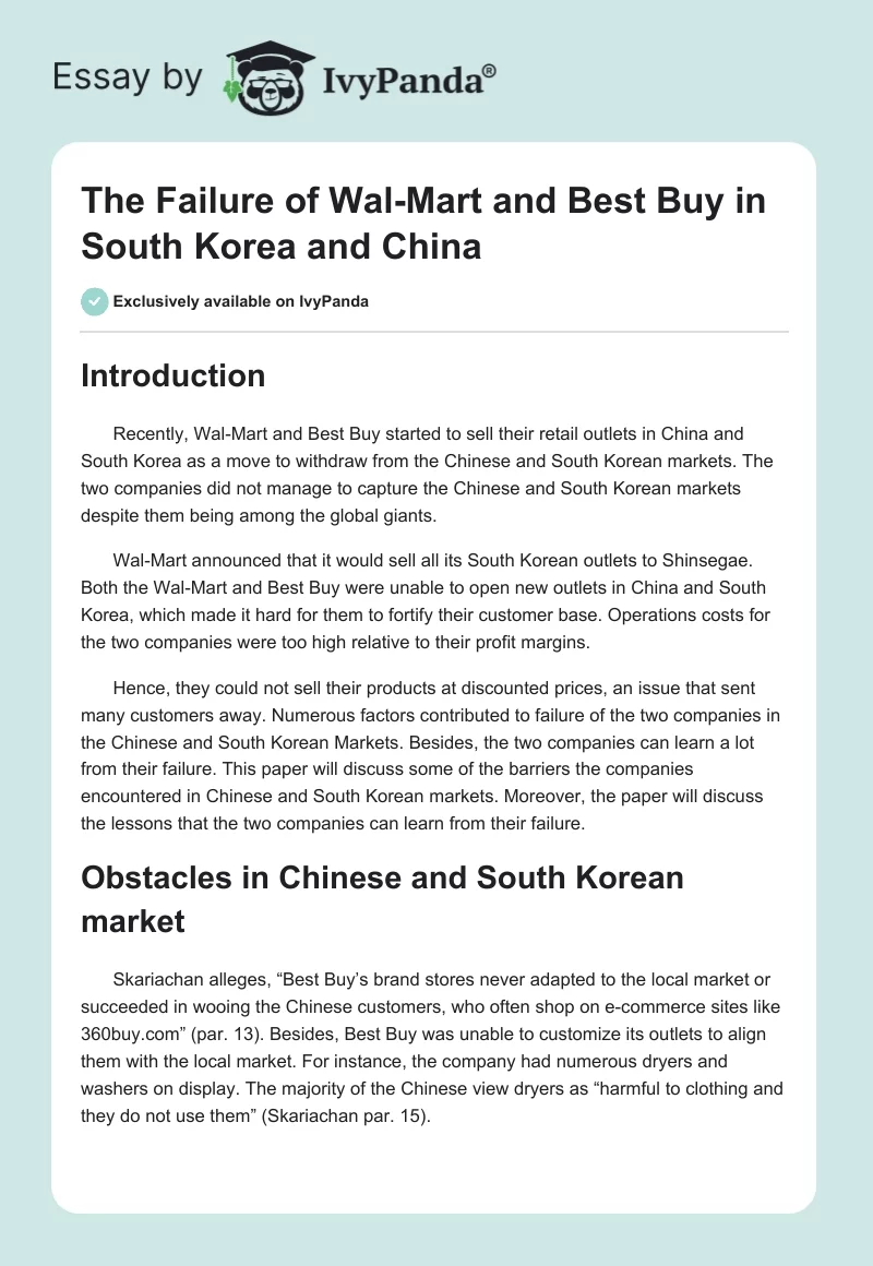 The Failure of Wal-Mart and Best Buy in South Korea and China. Page 1