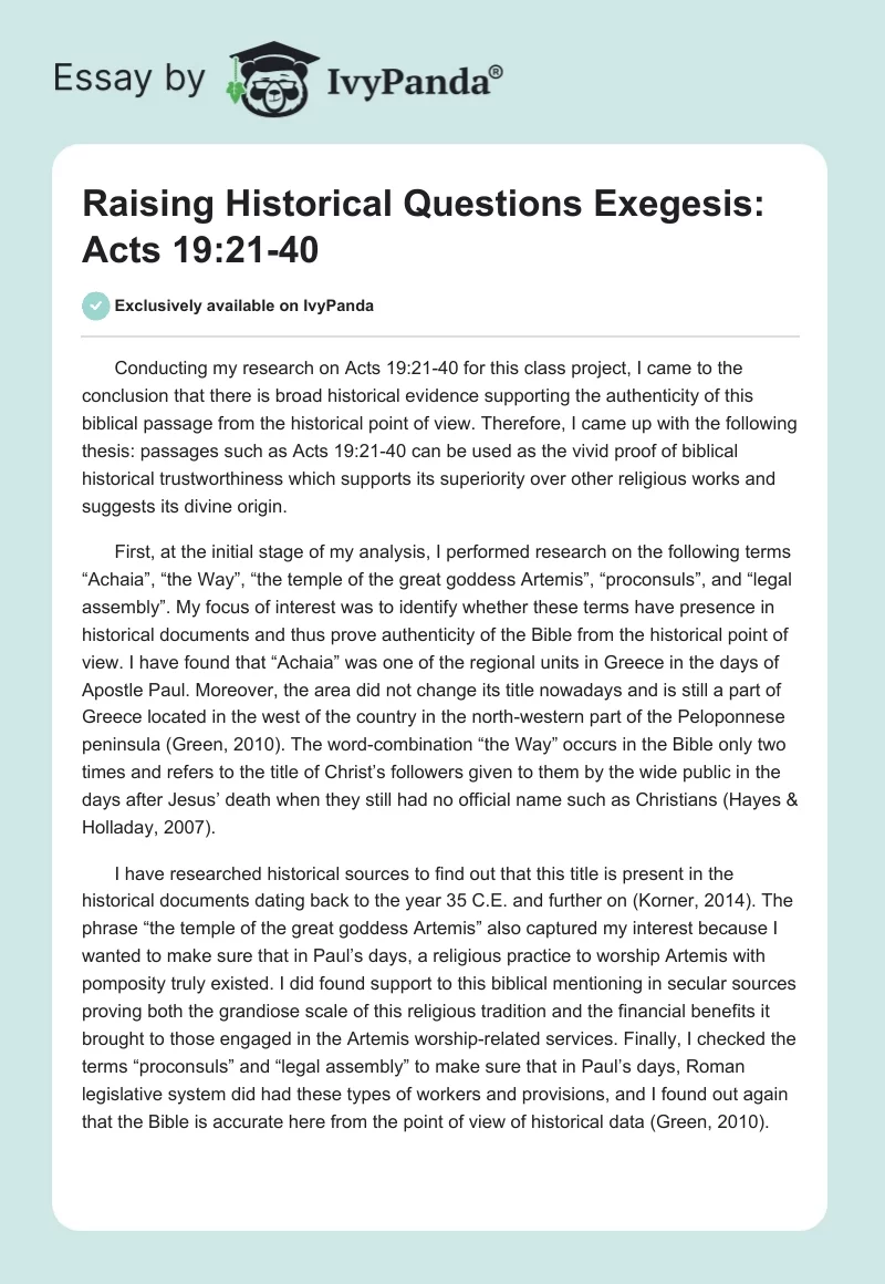 Raising Historical Questions Exegesis: Acts 19:21-40. Page 1