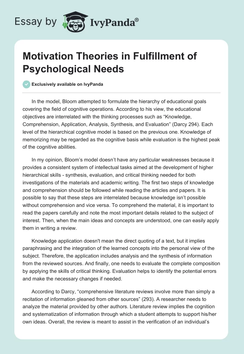 Motivation Theories in Fulfillment of Psychological Needs. Page 1