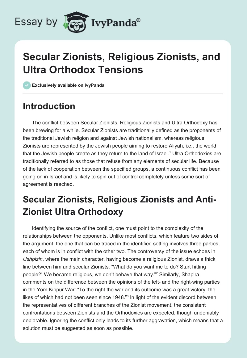Secular Zionists, Religious Zionists, and Ultra Orthodox Tensions. Page 1