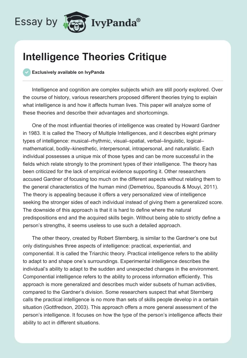 Intelligence Theories Critique. Page 1