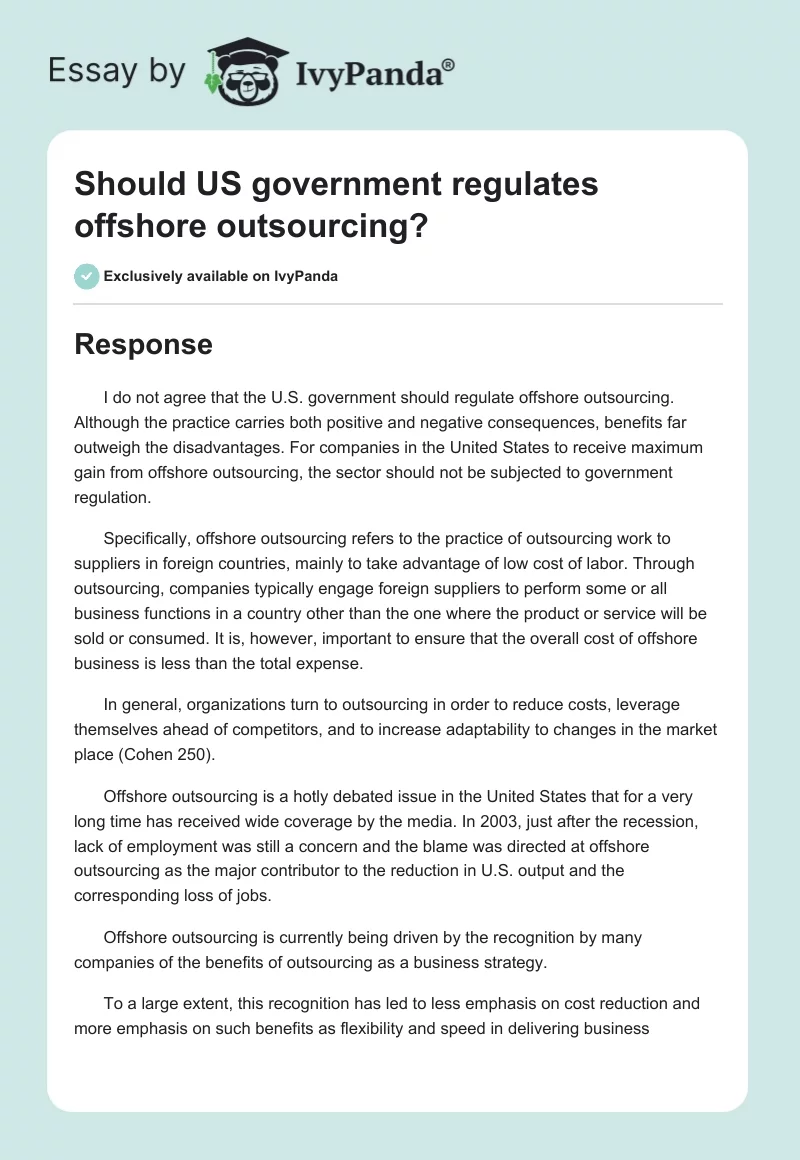 Should Us Government Regulates Offshore Outsourcing?. Page 1