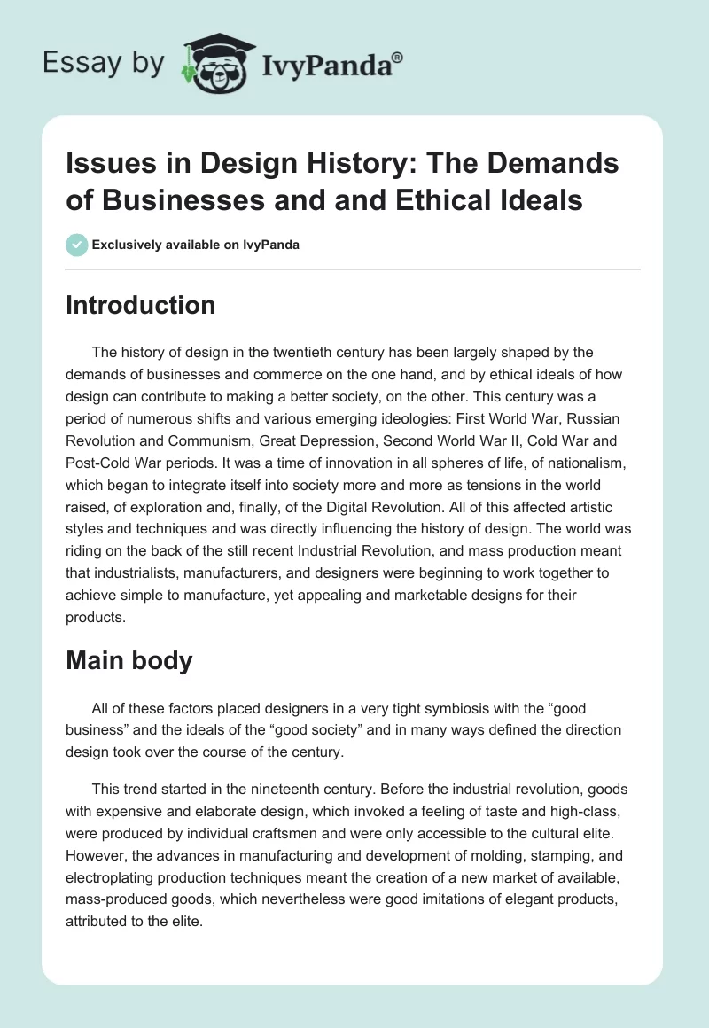 Issues in Design History: The Demands of Businesses and and Ethical Ideals. Page 1