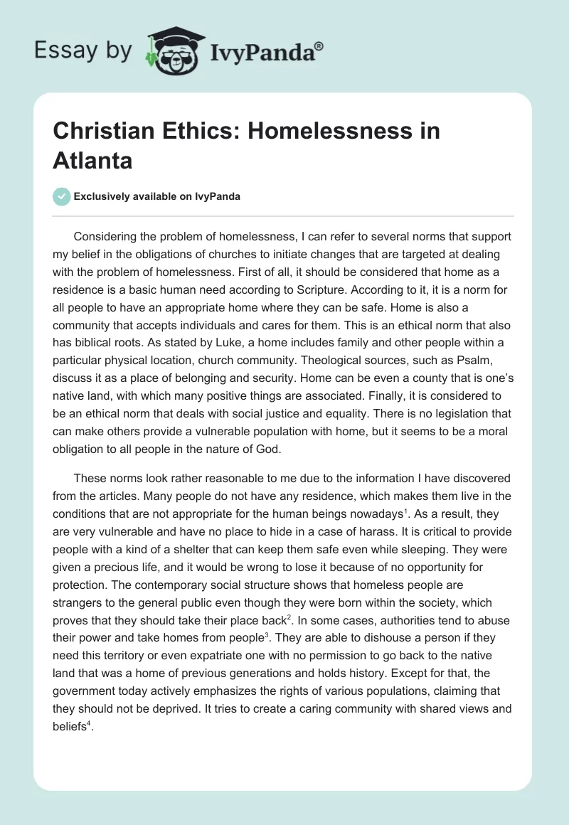 Christian Ethics: Homelessness in Atlanta. Page 1