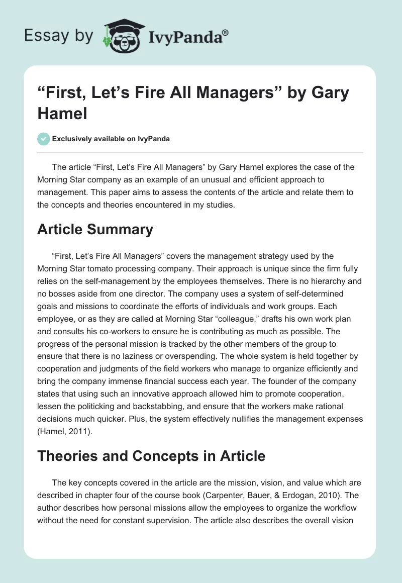 “First, Let’s Fire All Managers” by Gary Hamel. Page 1