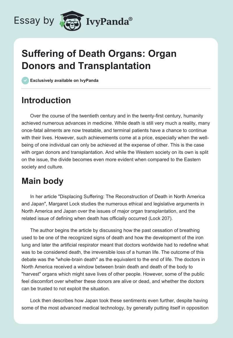 Suffering of Death Organs: Organ Donors and Transplantation. Page 1