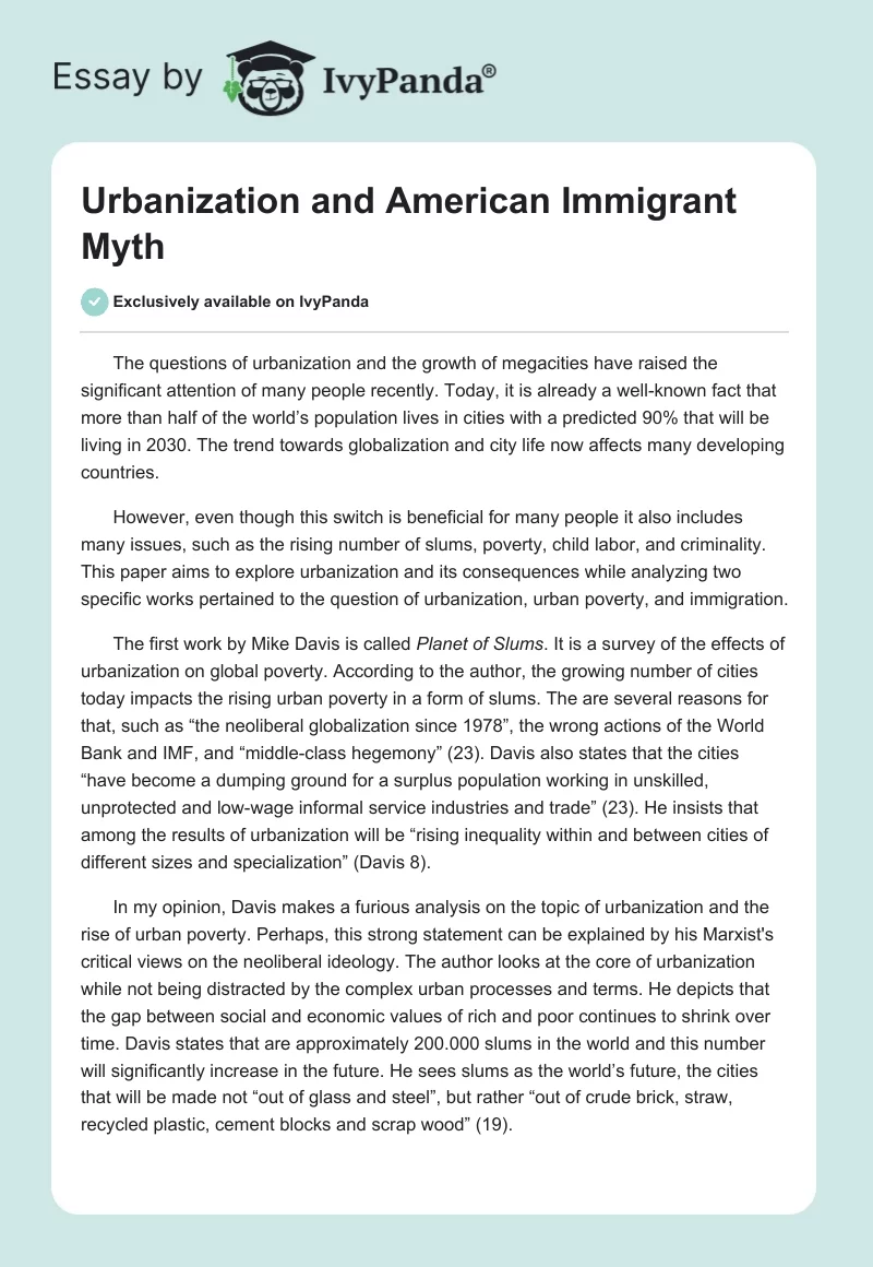 Urbanization and American Immigrant Myth. Page 1