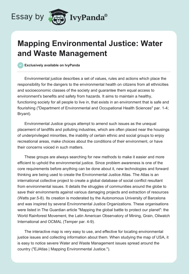 Mapping Environmental Justice: Water and Waste Management. Page 1