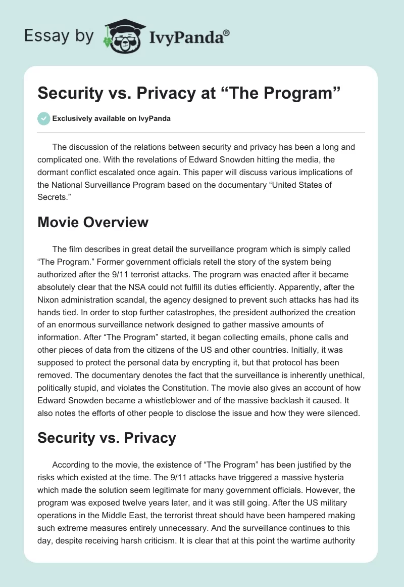 Security vs. Privacy at “The Program”. Page 1