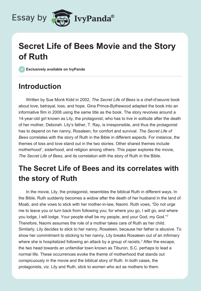 Secret Life of Bees Movie and the Story of Ruth. Page 1