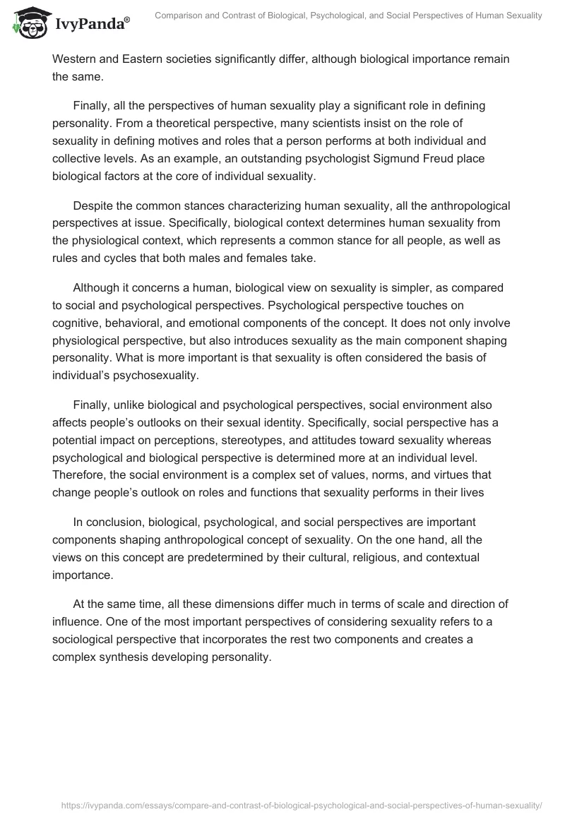 Comparison and Contrast of Biological, Psychological, and Social Perspectives of Human Sexuality. Page 2