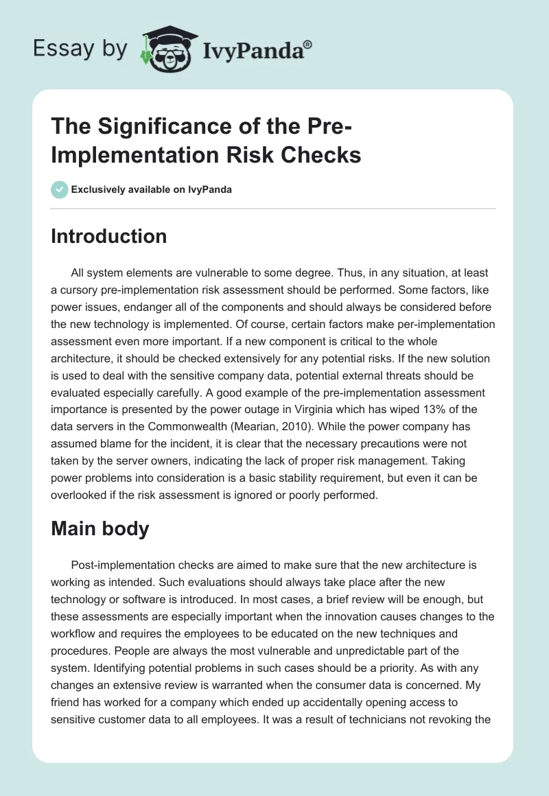 The Significance of the Pre-Implementation Risk Checks. Page 1