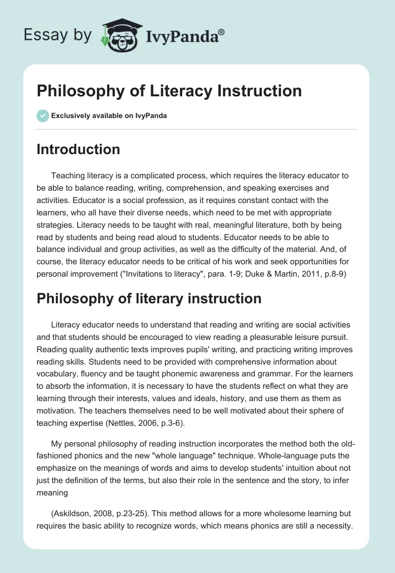 Philosophy of Literacy Instruction. Page 1
