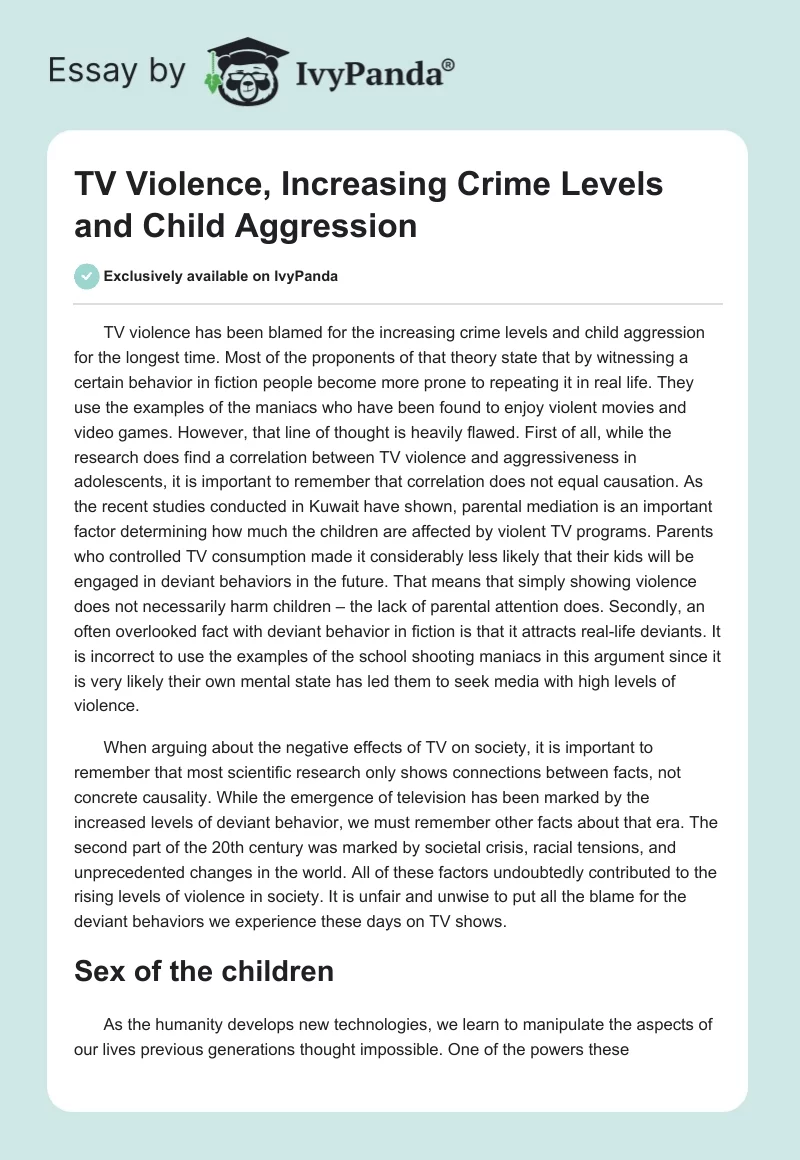 TV Violence, Increasing Crime Levels and Child Aggression. Page 1