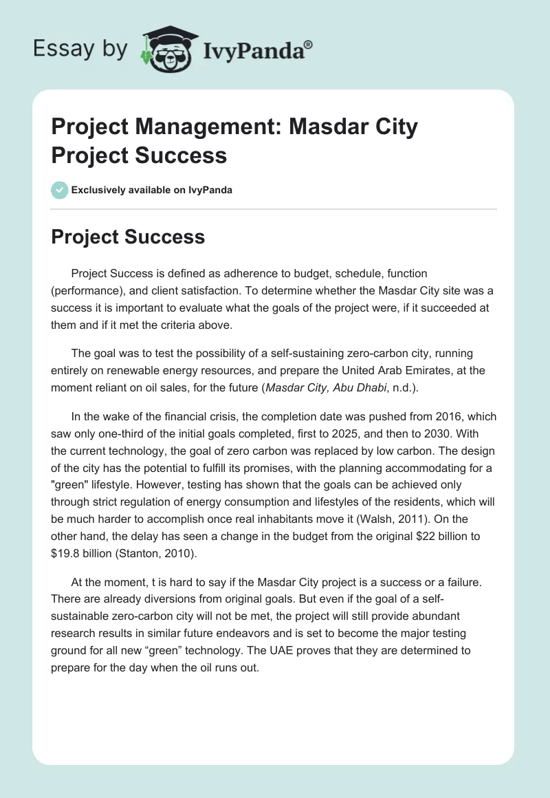 Project Management: Masdar City Project Success. Page 1