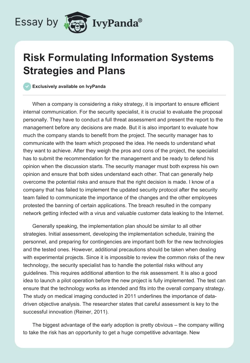 Risk Formulating Information Systems Strategies and Plans. Page 1