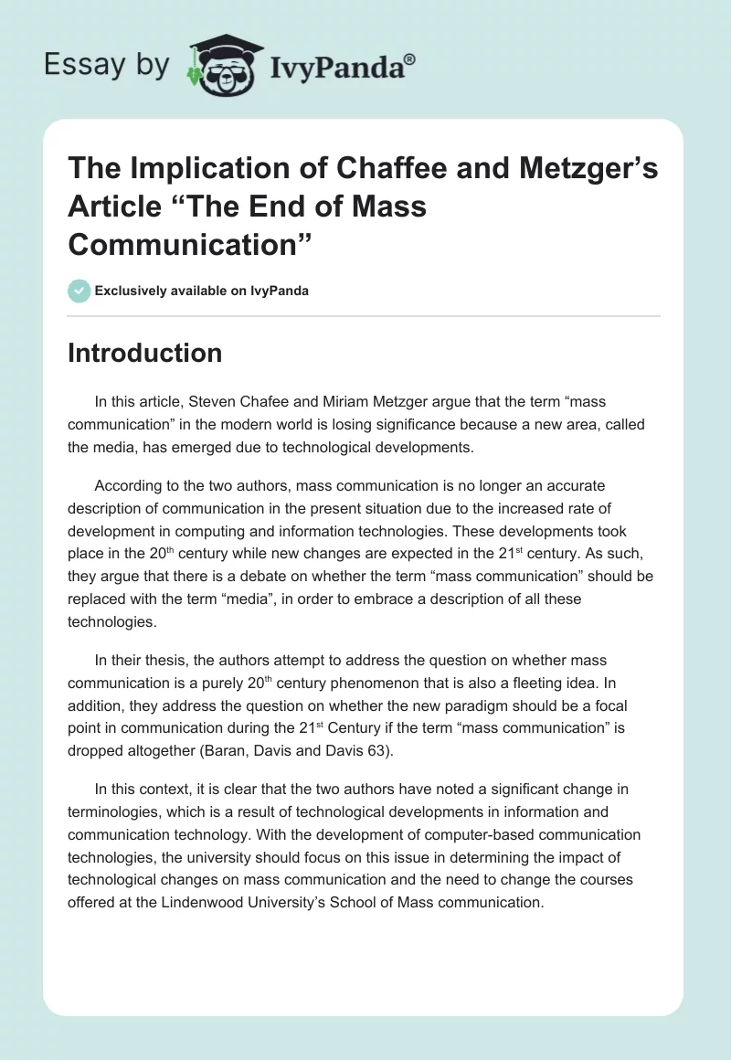 The Implication of Chaffee and Metzger’s Article “The End of Mass Communication”. Page 1