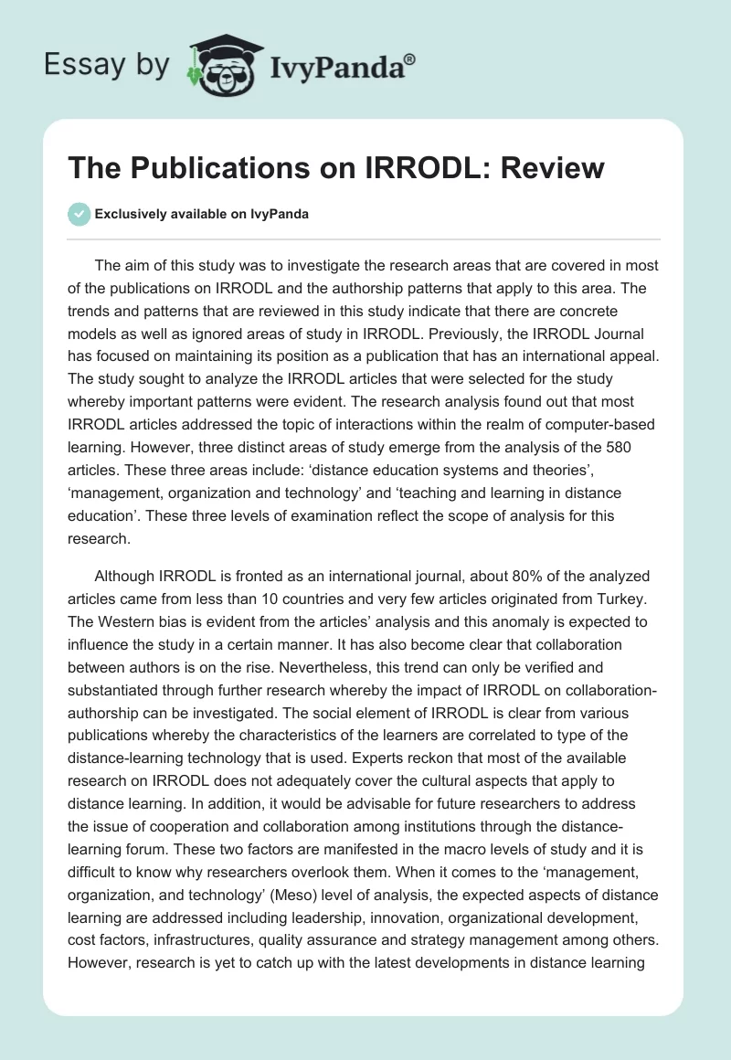 The Publications on IRRODL: Review. Page 1