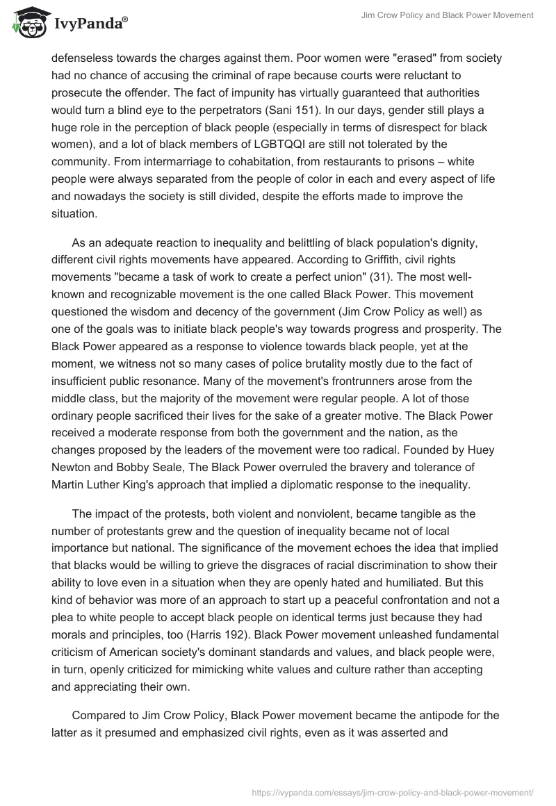 Jim Crow Policy and Black Power Movement - 1221 Words | Essay Example