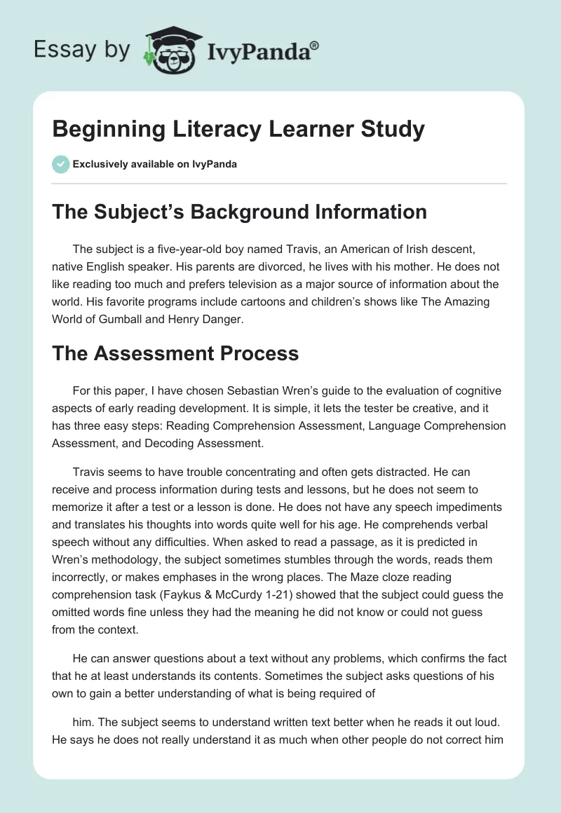 Beginning Literacy Learner Study. Page 1