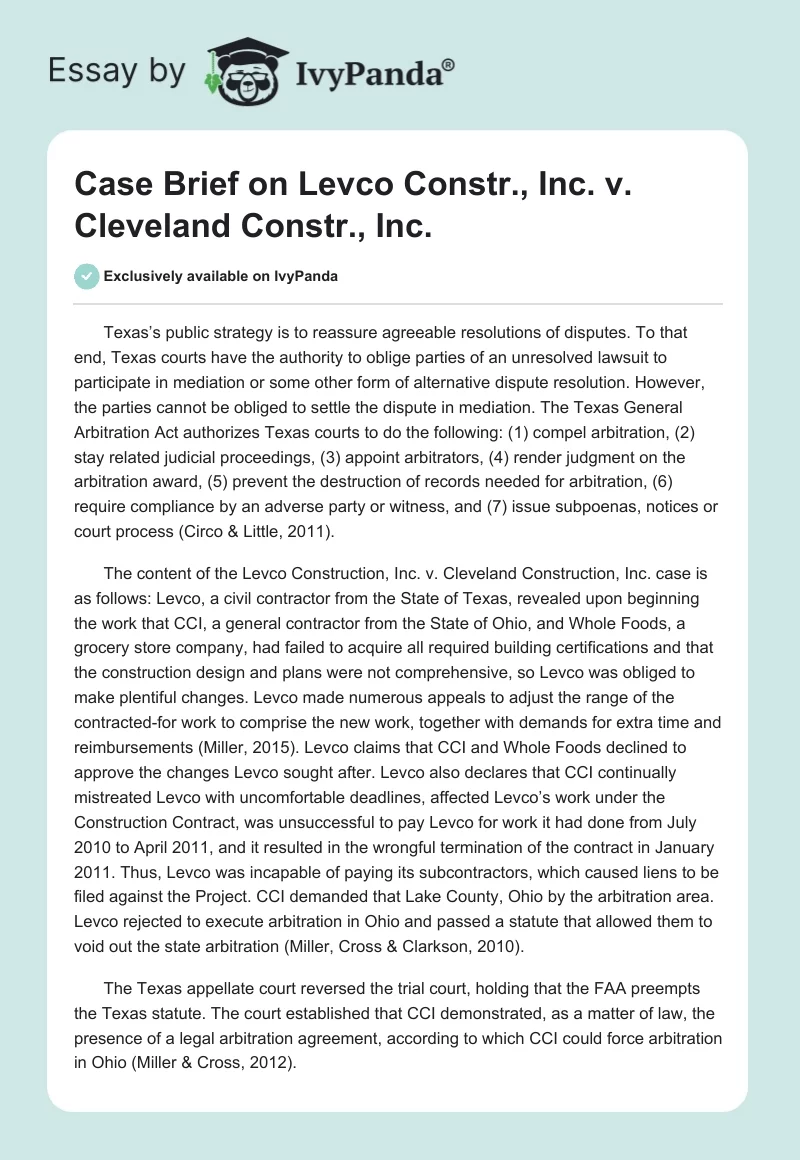 Case Brief on Levco Constr., Inc. v. Cleveland Constr., Inc.. Page 1