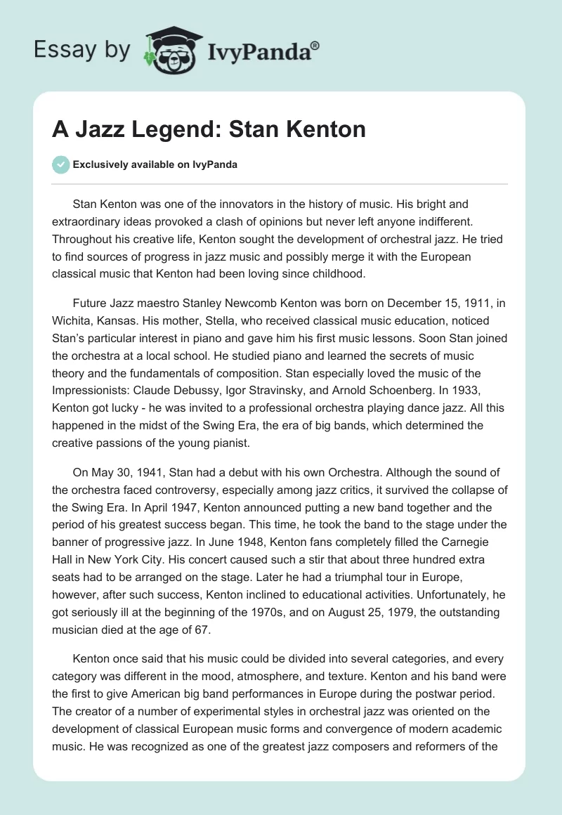 A Jazz Legend: Stan Kenton. Page 1