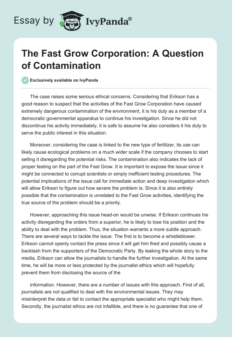 The Fast Grow Corporation: A Question of Contamination. Page 1