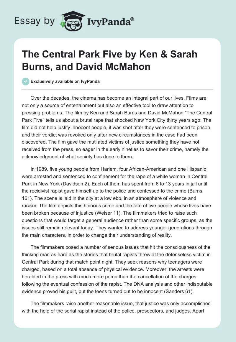 "The Central Park Five" by Ken & Sarah Burns, and David McMahon. Page 1