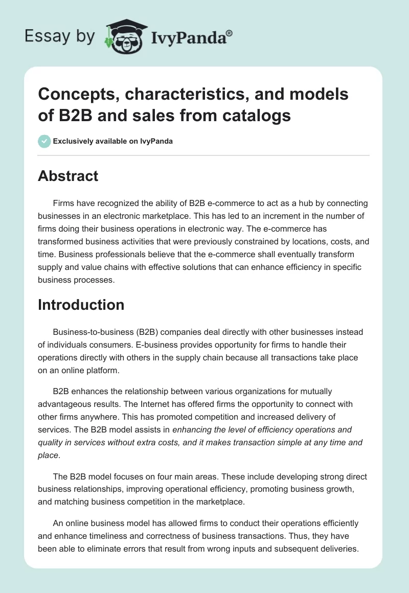 Concepts, characteristics, and models of B2B and sales from catalogs. Page 1